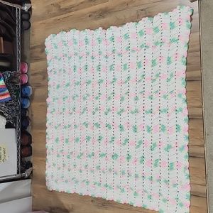 Handmade White Green Pink Yellow Crochet Scallop Edge Baby Blanket
